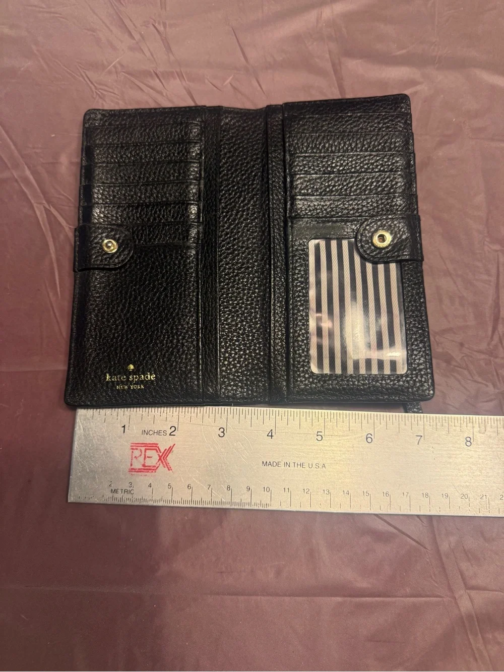 kate spade Black Pebbled Leather Bi Fold Snap Wallet with Gold Logo